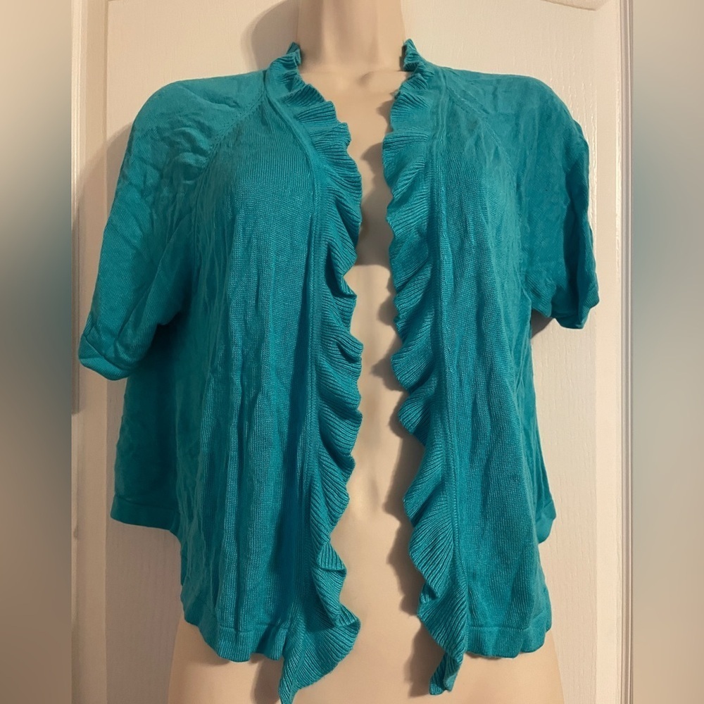 Chico’s Turquoise Ruffle Cardigan Size 2 L (12)